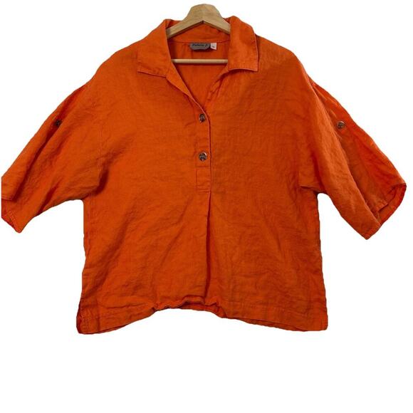 Vtg Linen Top Womens M Orange Preppy Quiet Luxury Fall Sustainable Boxy Crop - Picture 1 of 11